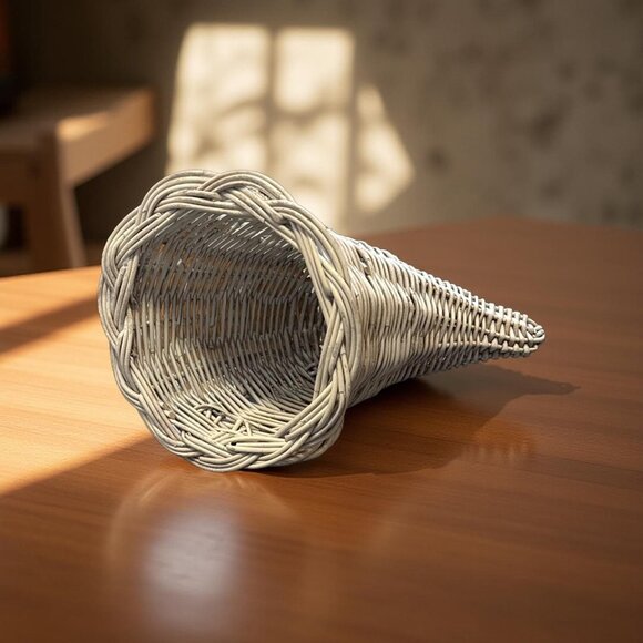 Vintage White Wicker Cornucopia Basket Handwoven Decorative Display 15-Inch Leng - Picture 3 of 5